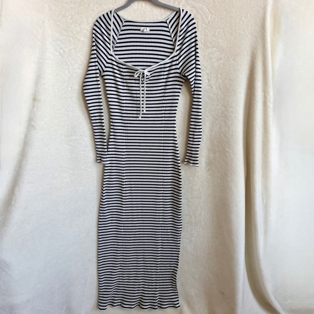 Aerie Womens Navy White Striped Ribbed Tie Front Long Sleeve Maxi Dress Sz S